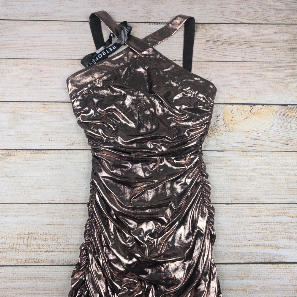 RETROFETE New York Metallic Rose Gold Ruched Halter Maxi‎ Dress Size S - Picture 2 of 8